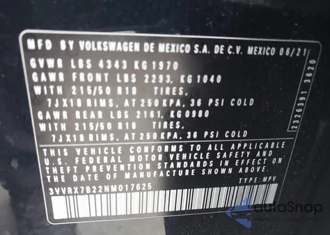 2022 Volkswagen Taos 1.5T Se from USA, damaged, VIN 3VVRX7B22NM017625